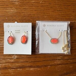 Kendra Scott Coral Pink and Teal Elle Gold Earring and Necklace Set